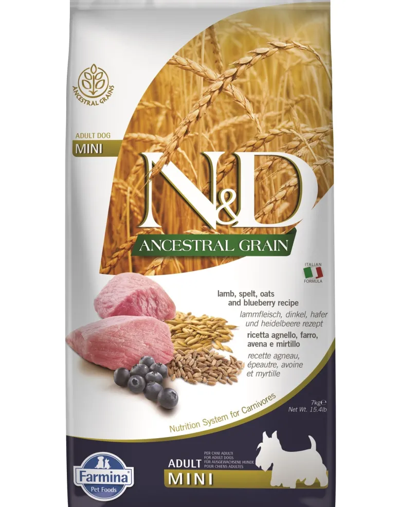 FARMINA N&D Ancestral Grain Dog Adult Mini Agnello & Mirtillo 7 kg alimento per cani di piccola taglia + FARMINA N&D Quinoa Dental Treat Flatulence Mini 60 g (7 pezzi) GRATIS!