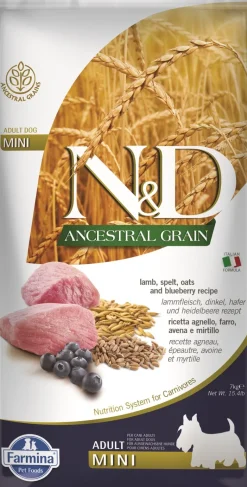 FARMINA N&D Ancestral Grain Dog Adult Mini Agnello & Mirtillo 7 kg alimento per cani di piccola taglia + FARMINA N&D Quinoa Dental Treat Flatulence Mini 60 g (7 pezzi) GRATIS!