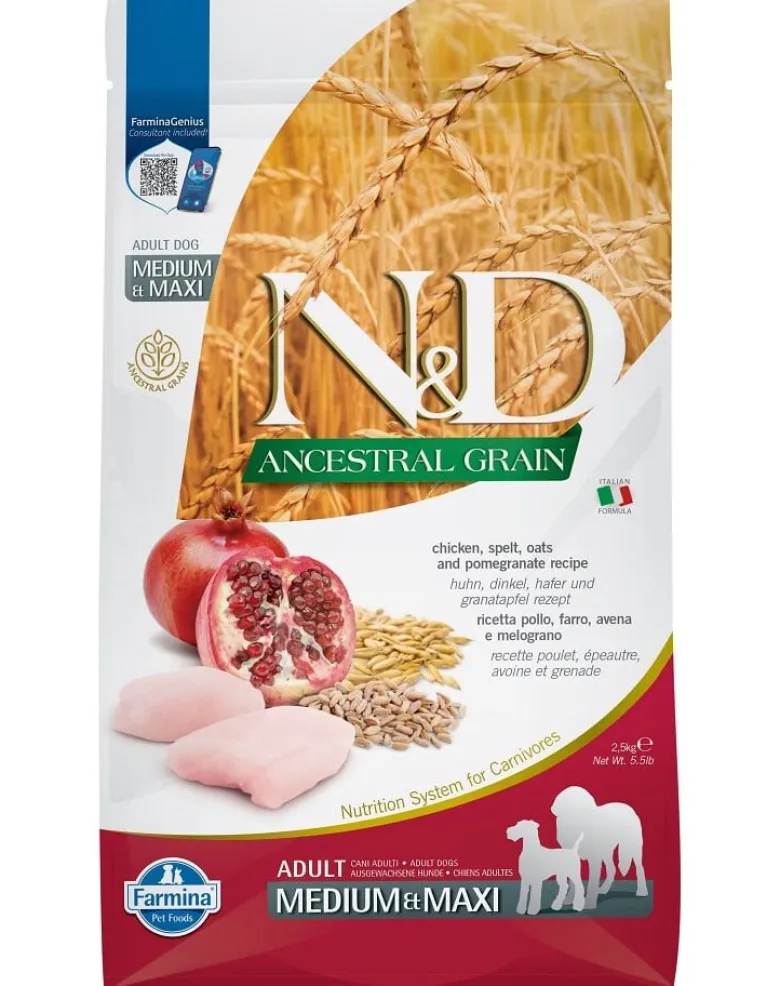 FARMINA N&D Ancestral Grain Dog Adult Medium & Maxi Chicken & Pomegranate 2,5 kg + FARMINA N&D Tropical Selection Dental Treat Chicken Medium/Maxi 100 g (7 pezzi) GRATIS!