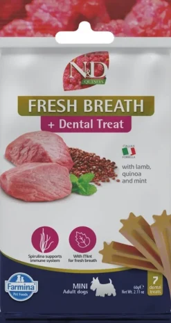 FARMINA N&D Ancestral Grain Dog Adult Mini Agnello & Mirtillo 2,5 kg alimento per cani di piccola taglia + FARMINA N&D Quinoa Dental Treat Fresh Breath Mini 60 g (7 pezzi) GRATIS!