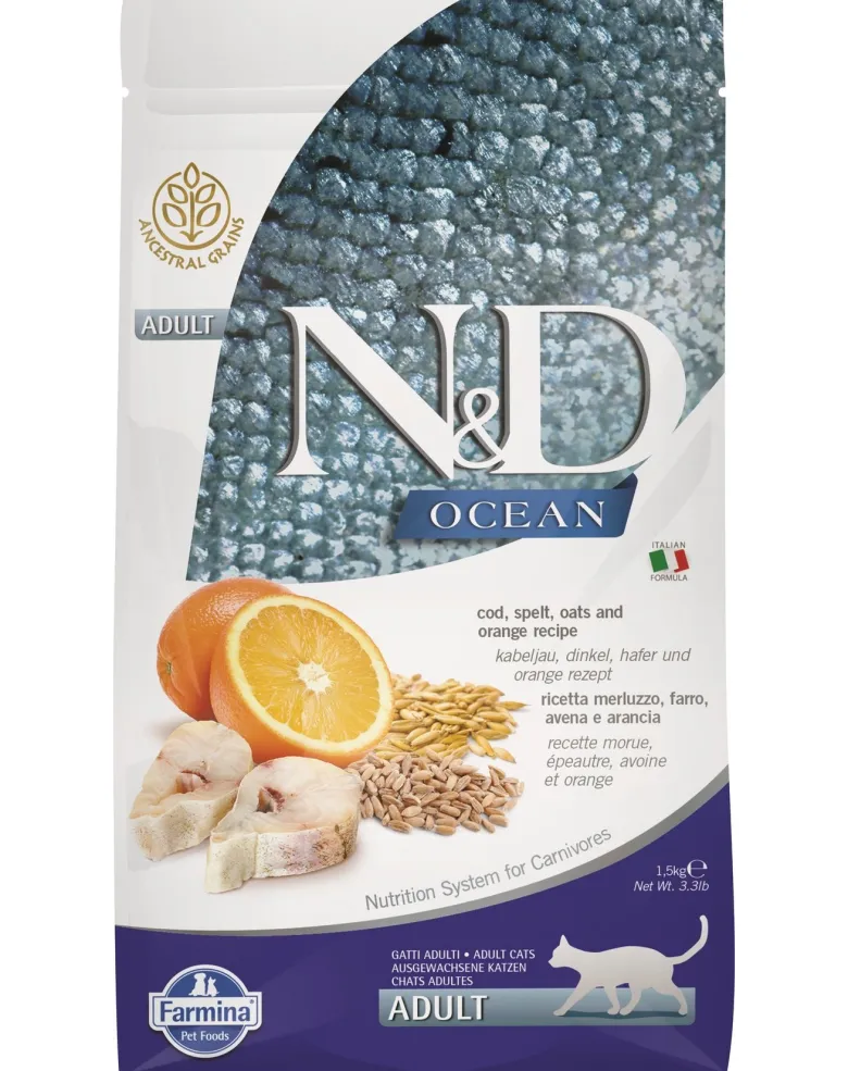 FARMINA N&D Ocean cat adult codfish, spelt, oats and orange 1,5 kg
