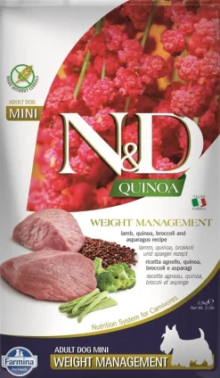 FARMINA N&D Quinoa Dog Adult Mini Weight Management 2,5 kg + FARMINA N&D Quinoa Dental Treat Weight Management Mini 60 g (7 pezzi) GRATIS!