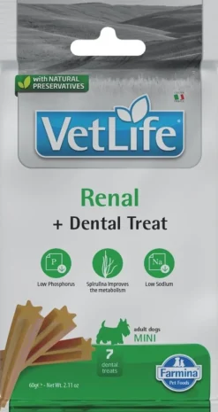 FARMINA Vet Life Renal Dog 12 kg alimento per cani con malattie renali + 2 x FARMINA Vet Life Dental Treat Renal Mini 60 g (7 pezzi) GRATIS!