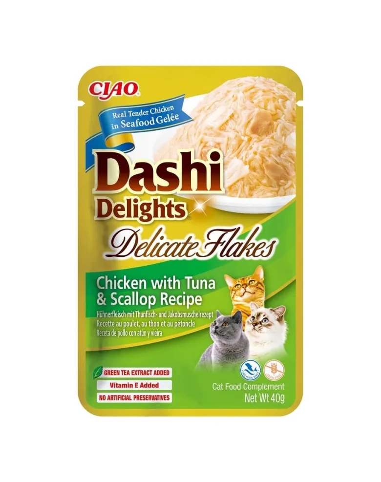 INABA Cat Dashi Delights Delicate Flakes Pollo, tonno e capesante 40g