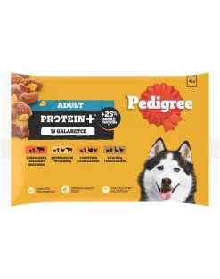 PEDIGREE Adult Protein+ bustine 4x85 g cibo umido completo per cani adulti con mix di manzo e fegato, con pollo e manzo, con tacchino e pollo, con anatra e pollo in gelatina