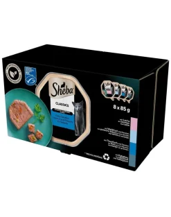SHEBA Classics Sapori di pesce in vaschetta 8x85 g Alimento umido completo per gatti adulti con salmone, pesce bianco e carote, tonno e verdure, merluzzo