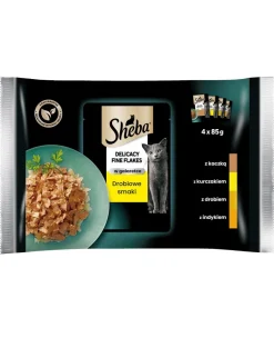 SHEBA Delicacy Fine Flakes Aromi di pollame in bustina 4x85g cibo umido completo per gatti adulti, bocconcini in gelatina con: anatra, pollo, pollame, tacchino