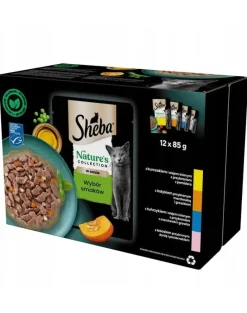 SHEBA Nature’s Collection Selezione di sapori 48x85 g Alimento umido completo per gatti adulti, bocconcini in salsa con pollo, tacchino, tonno, salmone
