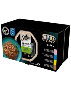 SHEBA Sauce Collection Selezione di gusti in vaschetta 8x85 g Alimento umido completo per gatti adulti, bocconcini in salsa con salmone, tonno, pollo e anatra