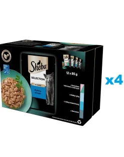 SHEBA Selection Sapori di pesce in bustina 48x85g Alimento umido completo per gatti adulti bocconcini in salsa con salmone e merluzzo nero, pesce bianco, pesce oceanico, merluzzo
