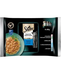 SHEBA Selection Select Slices Sapori di pesce 52x85g Alimento umido completo in salsa per gatti bocconcini con salmone e merluzzo nero, pesce bianco, pesce oceanico, merluzzo