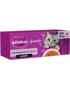 WHISKAS Adult Aromatica Mix 40x85 g cibo umido completo in bustina per gatti adulti in salsa con pezzi di maiale glassato e carote, pollo succoso, con pezzi di pesce oceanico in brodo, salmone delicato e piselli