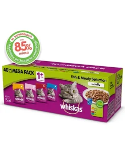 WHISKAS Adult 40x85g Gusti di pesce e tradizionali - cibo umido per gatti in gelatina (pollo, salmone, manzo, tonno)