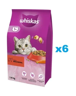 WHISKAS Adult 6x1,4 kg alimento secco completo per gatti adulti con carne di manzo